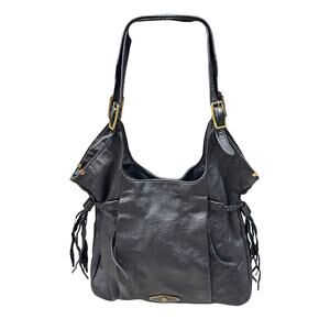ELLIOT LUCCA Black Leather Tote Hobo Shoulder Bag W/Tassels & Studs Boho Chic